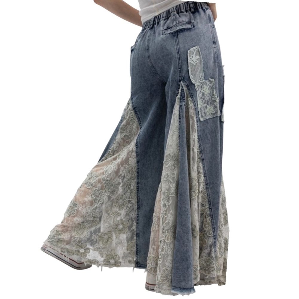 BLUE VELVET lace mix sequin ruffle exaggerated wide leg denim jeans sz MEDIUM - Picture 3 of 7